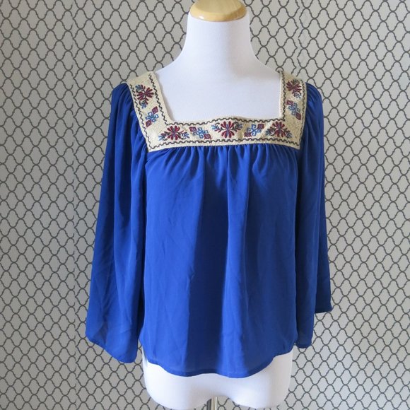 Flying Tomato Blue 3/4 Sleeve Embroidered Neck Detailed Top Blouse - Size XS - Picture 2 of 7